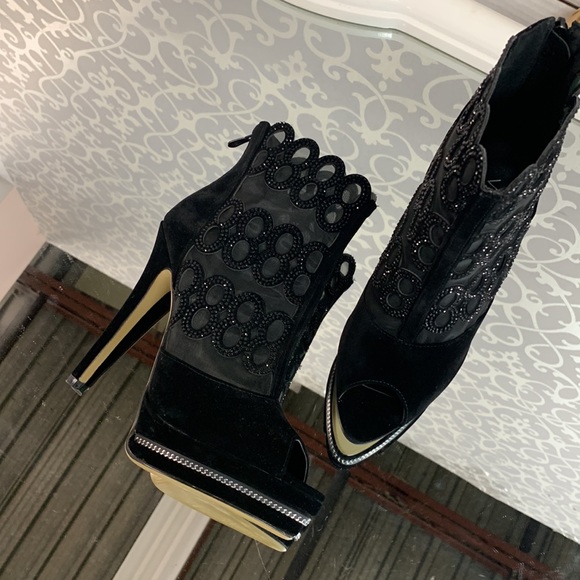 Peep Toe Mesh and Crystal Detail Platform Stiletto High Heel Velvet Ankle Boot - Picture 6 of 8